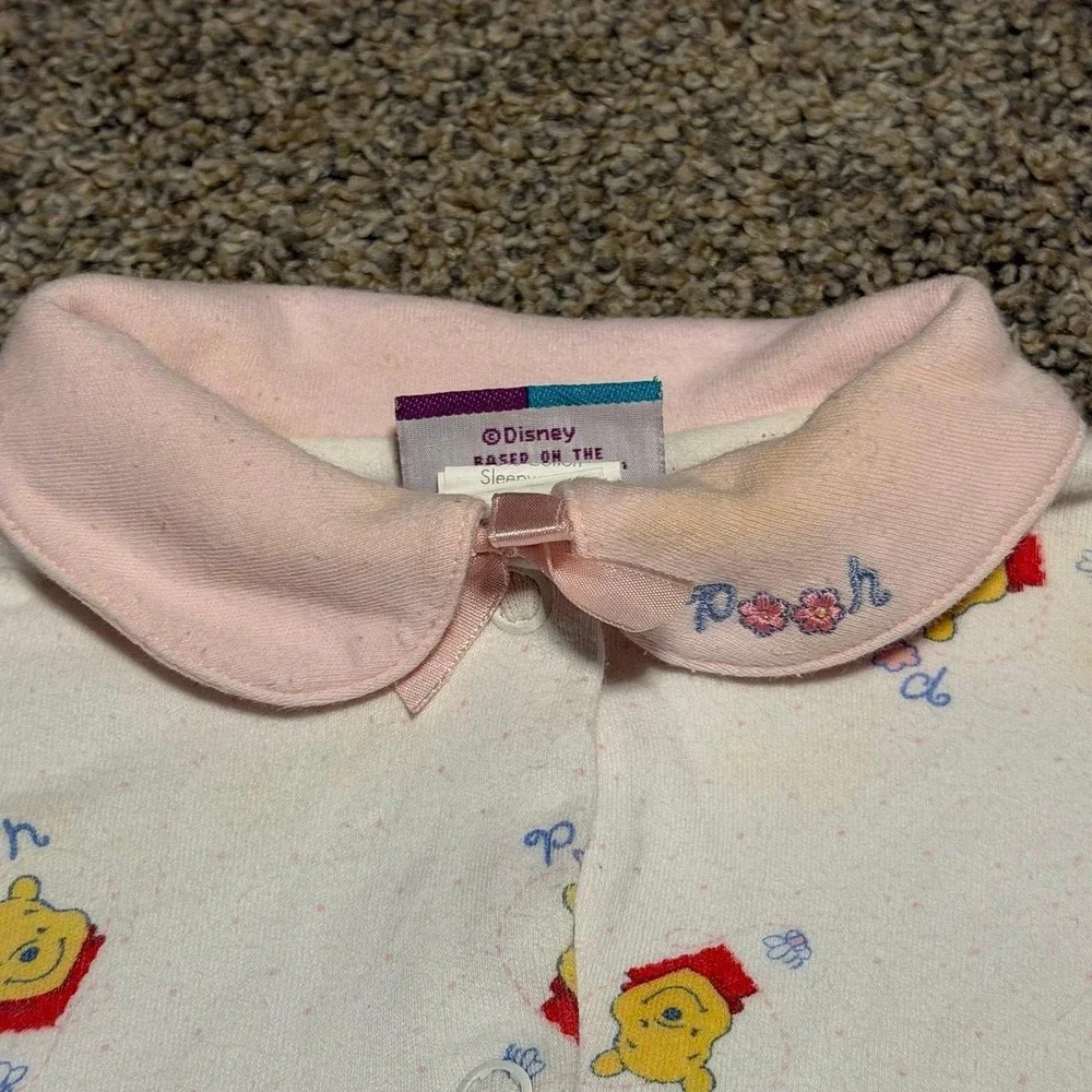 Vintage Disney Winnie The Pooh Baby Sleeper Pink White 0-3 Months Footed - Picture 3 of 6